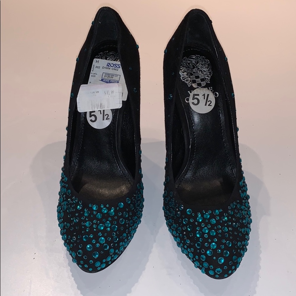 Vince Camuto Black Suede Teal Rhinestone Heels